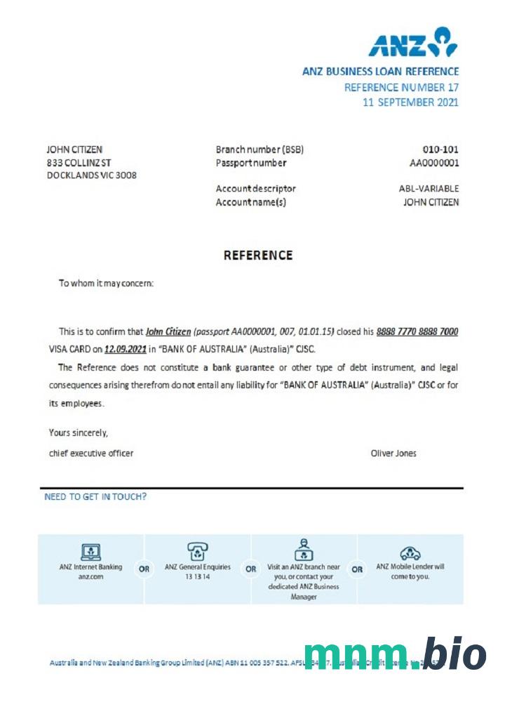 Przykład odniesienia do zamknięcia banku w Australii ANZ w formatach Word i PDF